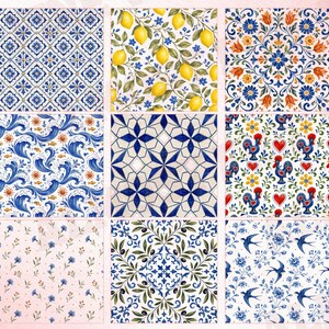 May include: A collection of nine square tiles featuring diverse patterns including blue and white geometric motifs, yellow lemons with green leaves, floral arrangements, blue ocean waves, red hearts with roosters, and blue swallows on a white background.