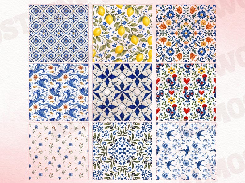 May include: A collection of nine square tiles featuring diverse patterns including blue and white geometric motifs, yellow lemons with green leaves, floral arrangements, blue ocean waves, red hearts with roosters, and blue swallows on a white background.