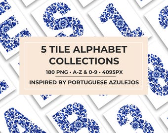 Azulejo Tile Alphabet PNG Bundle - 180 portugiesisch inspirierte Buchstaben & Zahlen (Digitaler Download)
