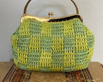 RARE! Mid Century 1960s Vintage Green Woven Raffia Straw Handbag Purse