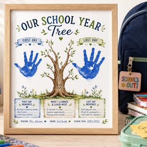 May include: A framed "Our School Year Tree" print featuring a central tree illustration, two blue handprints, and sections for "First Day" and "Last Day" memories. The text includes "What I Learned & Loved Most," teacher, grade, and school year fields.
