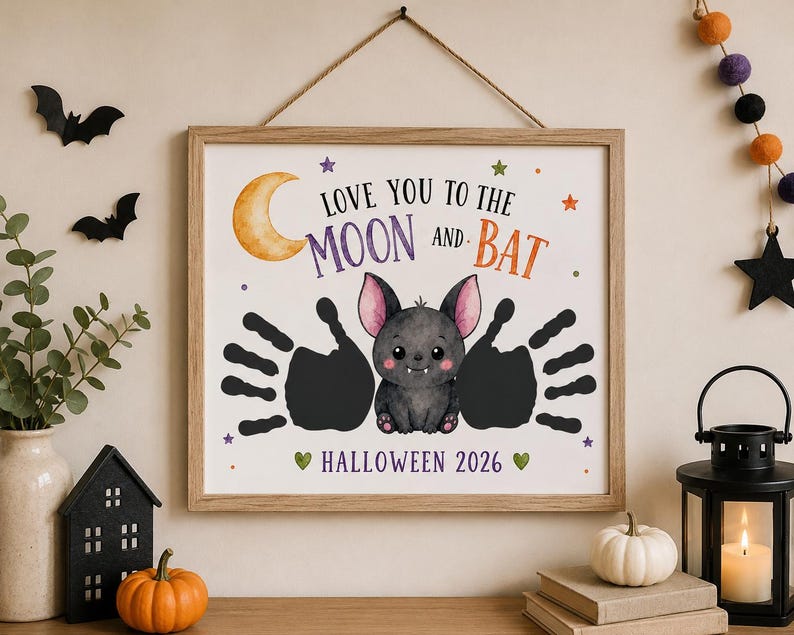 Puede incluir: Una impresi&oacute;n de arte de pared enmarcada con una ilustraci&oacute;n central de un peque&ntilde;o murci&eacute;lago gris con orejas rosas, flanqueado por dos huellas de manos negras. El texto dice LOVE YOU TO THE MOON AND BAT y HALLOWEEN 2026, con una luna creciente.