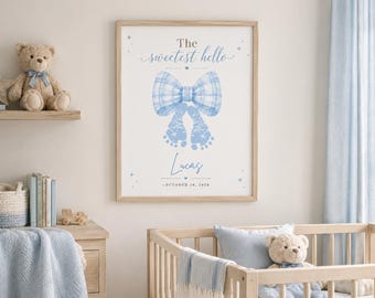 Personalized Baby Boy Footprint Print, Custom Name Date Nursery Wall Art, Blue Bow Birth Announcement Printable, Baby Shower Gift