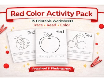 Pacote de atividades com a cor vermelha para pré-escola | Folhas de exercícios para traçar e colorir | Aprendizado para crianças pequenas | PDF para educação domiciliar e jardim de infância | Momento de tranquilidade