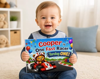 Livro personalizado para o primeiro aniversário, história de corrida de carros com nome personalizado, presente de primeiro aniversário, livro de recordações para comemorar um ano, livro de histórias divertido para bebês e crianças pequenas.