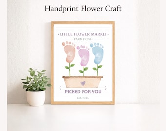 Arte com impressão de mão e flor para imprimir, artesanato com pegadas de crianças, presente faça você mesmo para mãe ou avó, atividade de primavera para crianças pequenas, artesanato divertido para o verão
