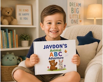 Livro personalizado do alfabeto com animais para crianças, capa dura, 29 x 20 cm, com nome personalizado. Livro de aprendizado do alfabeto, presente para crianças pequenas. Livro de aventuras de A a Z.