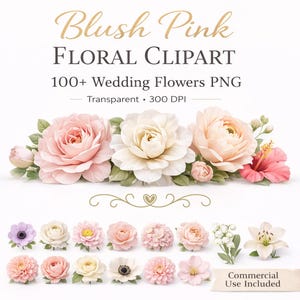 May include: Blush Pink floral clipart featuring over 100 wedding flowers in PNG format. The image showcases a variety of flowers in shades of pink, white, and peach, with green foliage. The text indicates the images are transparent and 300 DPI. Commercial use is included.