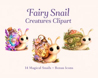 Pacote de Clipart de Caracóis Fadas, Caracóis Fantásticos Fofos, Clipart de Criaturas Mágicas Cottagecore, Gráficos de Caracóis Kawaii, Clipart de Animais Fantásticos