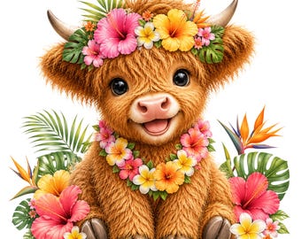 Pacote com 22 imagens PNG de vacas das Terras Altas, incluindo imagens de bezerros floridos, vacas fofas das Terras Altas com flores, imagens PNG para sublimação e download com fundo transparente.