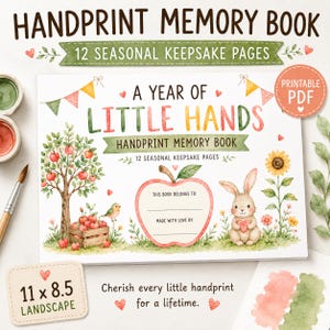Könnte beinhalten: Ein druckbares Handabdruck-Erinnerungsbuch im Querformat von 27,9 x 21,6 cm mit dem Titel A Year of Little Hands. Das Cover zeigt Aquarellillustrationen eines Apfelbaums, eines Hasen, einer Sonnenblume und eines apfelförmigen Feldes.