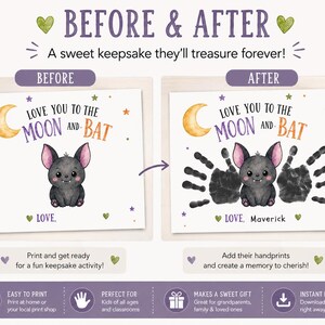 Puede incluir: Una plantilla de impresi&oacute;n digital de antes y despu&eacute;s con un murci&eacute;lago, una luna amarilla y estrellas. El texto dice Love you to the moon and bat. La versi&oacute;n despu&eacute;s incluye dos huellas de manos negras y el nombre Maverick en negro.