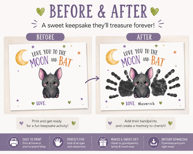 Puede incluir: Una plantilla de impresi&oacute;n digital de antes y despu&eacute;s con un murci&eacute;lago, una luna amarilla y estrellas. El texto dice Love you to the moon and bat. La versi&oacute;n despu&eacute;s incluye dos huellas de manos negras y el nombre Maverick en negro.