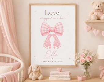 Personalized Baby Girl Footprint Print, Custom Name Date Nursery Wall Art, Bow Birth Announcement Printable, Baby Shower Gift