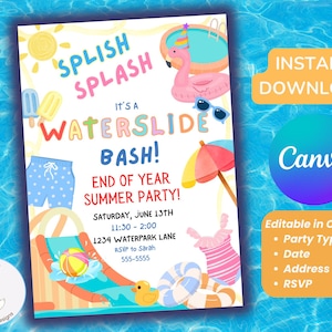 Splish Splash Waterslide Bash End of Year Party Invitation Template, Editable Summer Pool Party Invite, Last Day of School Canva Invitation