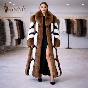 Real Fox Fur Full Length Coat – Women’s Brown Patchwork Panel Luxury Statement Jacket
