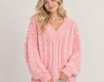 Oversized Cable Knit Sweater, Chunky V-Neck Pullover, Cozy Fall Winter Top