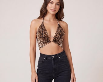 Leopard Print Halter Crop Top | O-Ring Detail | Y2K Festival Boho Shirt