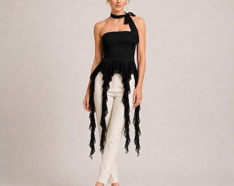 Strapless Ruffle Peplum Corset Top, Elegant Halter Evening Blouse