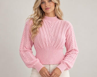 Damski sweter z golfem, prążkowany w pasie, dopasowany (różowy, bordowy, pomarańczowy)