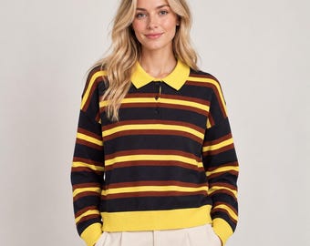 Damski sweter polo w paski, bluzka w stylu retro z blokami kolorów, luźny krój