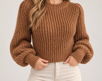 Sweter z grubej dzianiny z bufiastymi rękawami, ściągaczem przy szyi, przytulny top z mieszanki wełny