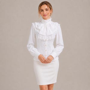 Victorian Ruffle Blouse, Lace Trim Bow Tie Shirt, Gothic Cottage core Top