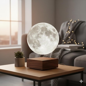 May include: A levitating moon lamp, featuring a detailed lunar surface, hovers above a dark wooden base. The lamp is set on a light wood table with a small potted plant, creating a serene and modern home decor accent.
