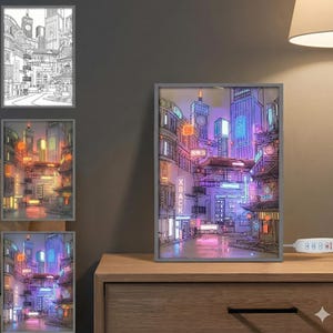 May include: A framed artwork showing a neon-lit cityscape with Japanese architectural features. The image uses vibrant purples, pinks, and oranges, with the text "XBACK" visible. The artwork is displayed on a wooden bedside table.
