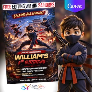 May include: A digital invitation for a ninja-themed birthday party. The invitation features a cartoon illustration of a ninja boy and the text "Calling All Ninjas!" and "William's 8th Birthday." The invitation includes party details.