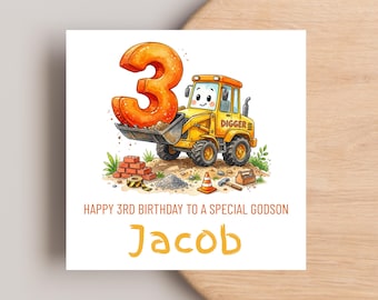 Personalised 3rd Birthday Card for Godson Boy | Digger Theme Custom Name | Construction Vehicle UK