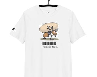 T-shirt grafica in cotone biologico: formica che trasporta un uovo, stampa divertente.