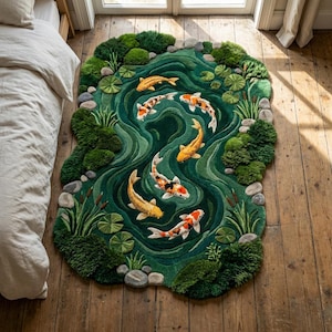 May include: A green, pond-shaped rug with a design of koi carp swimming in a pond. The rug has a detailed, textured surface with lily pads, rocks, and greenery around the edges. The koi carp are orange, white, and black.