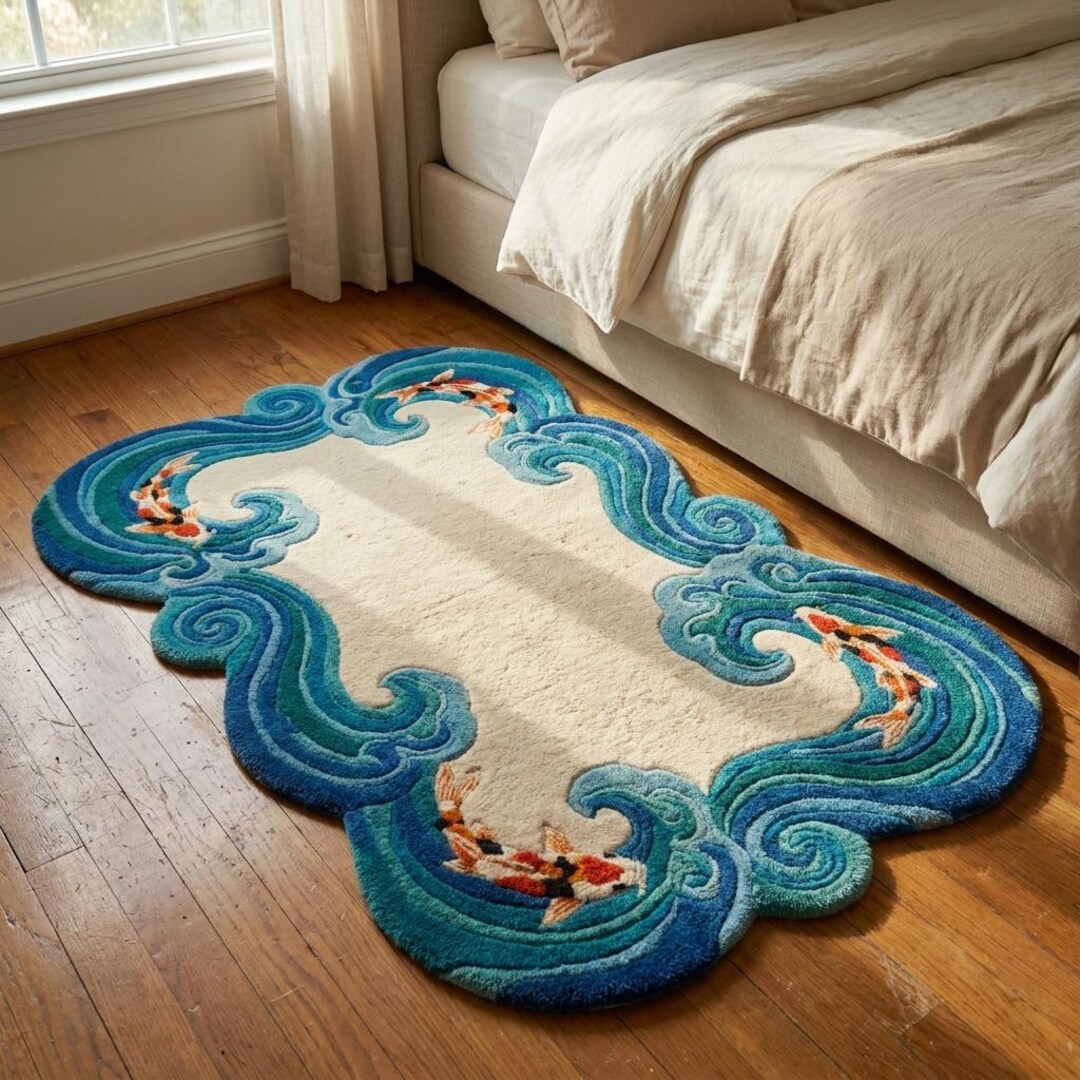 Fish Tuft Rug Hand Tufted Koi Fish Rug | Irregular Wave Border Blue Ocean Rug | 3D ...