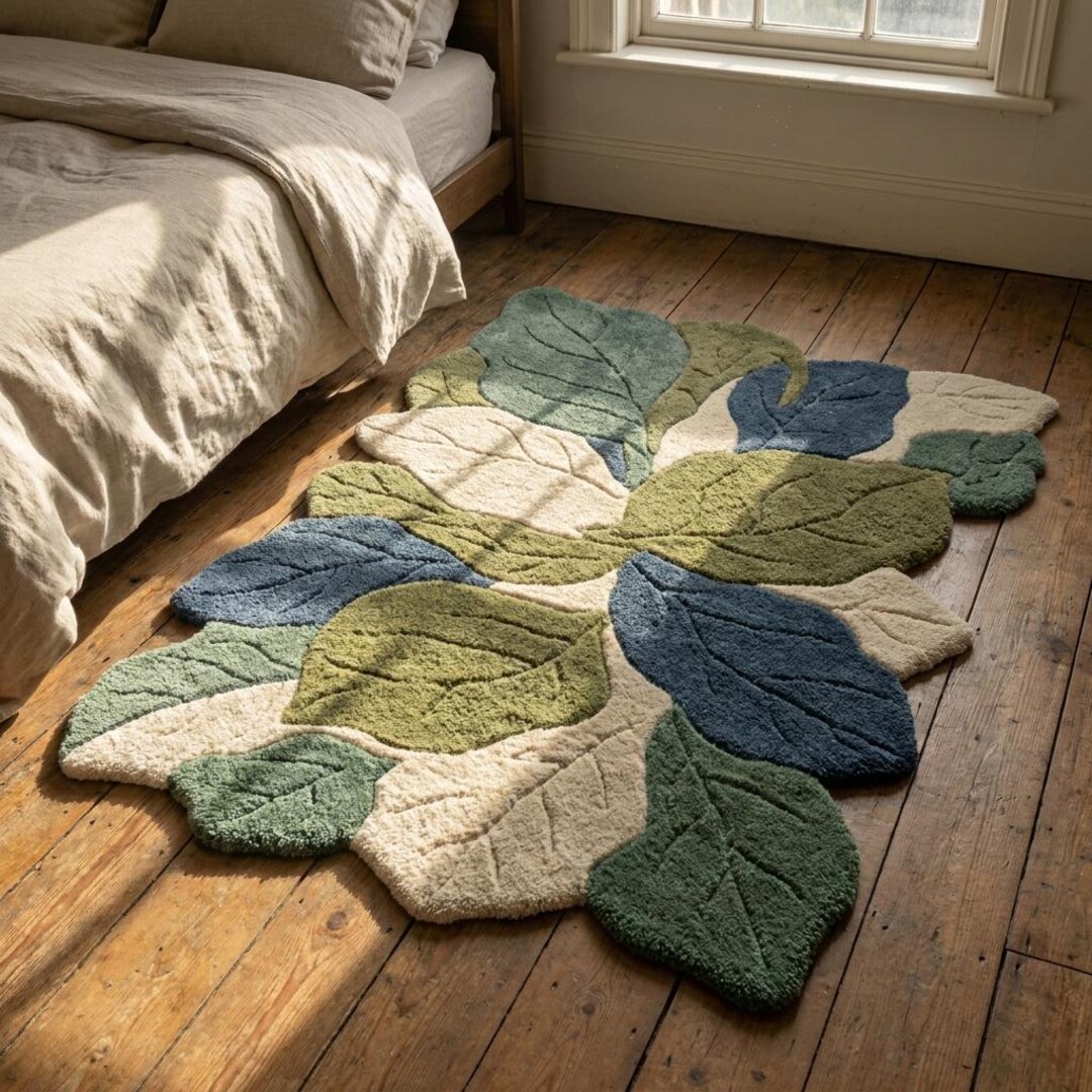 Hand Tufted Leaf Rug, Botanical Wool Area Rug, Green Sage Carved Rug ...