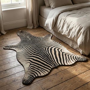 Puede incluir: Una alfombra con estampado de cebra de forma única, con rayas blancas y negras. La alfombra está colocada sobre un suelo de madera cerca de una cama, añadiendo un toque de estampado animal a la decoración de la habitación.