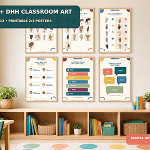 May include: A set of twelve educational posters featuring American Sign Language alphabets, numbers, and communication charts. The posters display hand signs, facial expressions, and text in a colorful, organized layout with a light background.