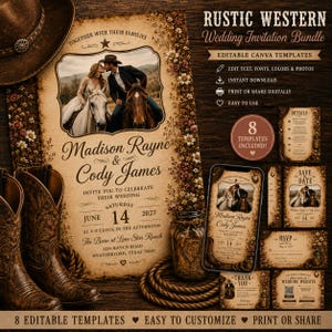 May include: A rustic western wedding invitation bundle featuring a brown cowboy hat, leather boots, and a coiled rope. The invitation displays a photo of a couple on horseback, floral accents, and text including Madison Rayne and Cody James.