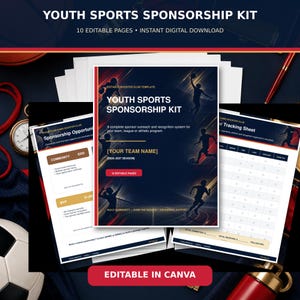 May include: A digital youth sports sponsorship kit template featuring 10 editable pages. The cover displays silhouettes of athletes in motion against a dark blue background with the text Youth Sports Sponsorship Kit and 10 Editable Pages.
