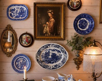 Engelse galerij wanddecoratie | Blauw-witte transferwarecollectie | Vintage wandborden ingelijste kunst | Samengesteld antiek | Vintage interieur