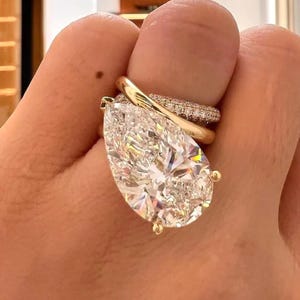 10 CT Pear Diamond Engagement Ring, Unique Moissanite Rings For Women, 14K Yellow Gold Pear Solitaire Ring Paired With Diamond Eternity Band