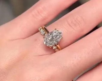 3CT Oval Moissanite Solitaire Engagement Ring Set, 14K Solid Yellow Gold Bridal Ring Set, Round & Marquise Band Hidden Halo Wedding Ring Set