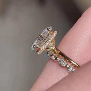 3 Carat Oval Engagement Ring, Moissanite Diamond Hidden Halo Solitaire Bridal Set, Round & Marquise Diamond Band, 14K Wedding Ring Stack