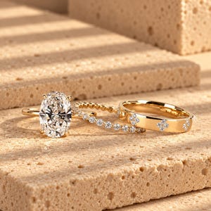 May include: A gold ring set consisting of three pieces: a central ring with a large oval-cut diamond, a delicate band featuring a row of small round diamonds, and a wider gold band accented with small diamond-encrusted four-petal flower motifs.