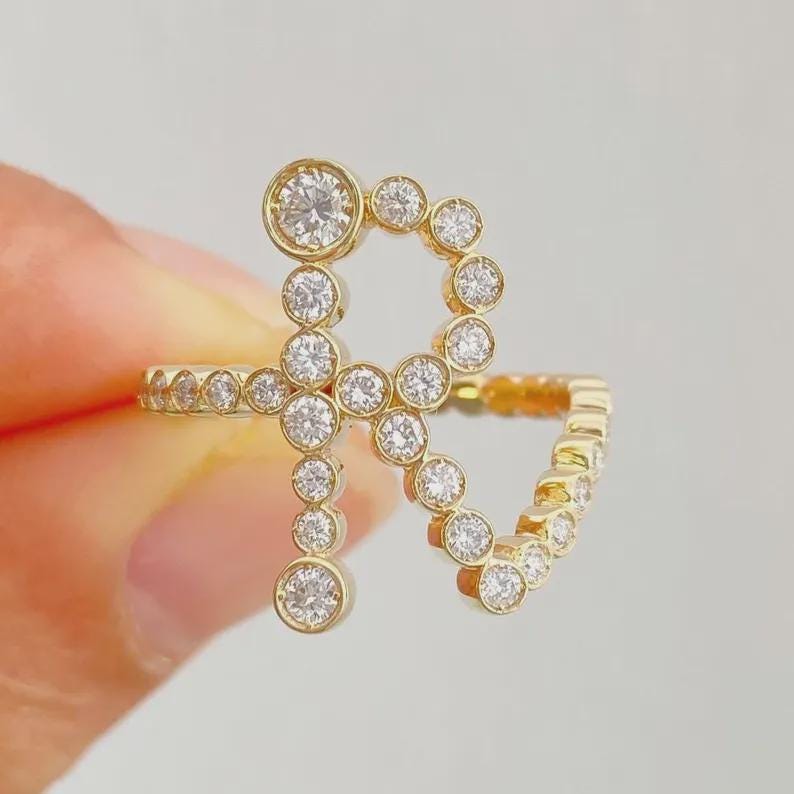 Ring R Design Custom R Initial Diamond Ring, Bezel Set Moissanite Letter Ring, 14K ...
