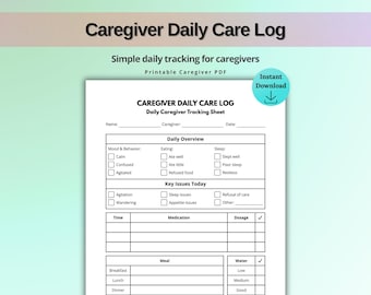 Caregiver Daily Care Log Printable, Patient Care Tracker, Medication Meal Sleep Log, Daily Care Planner PDF