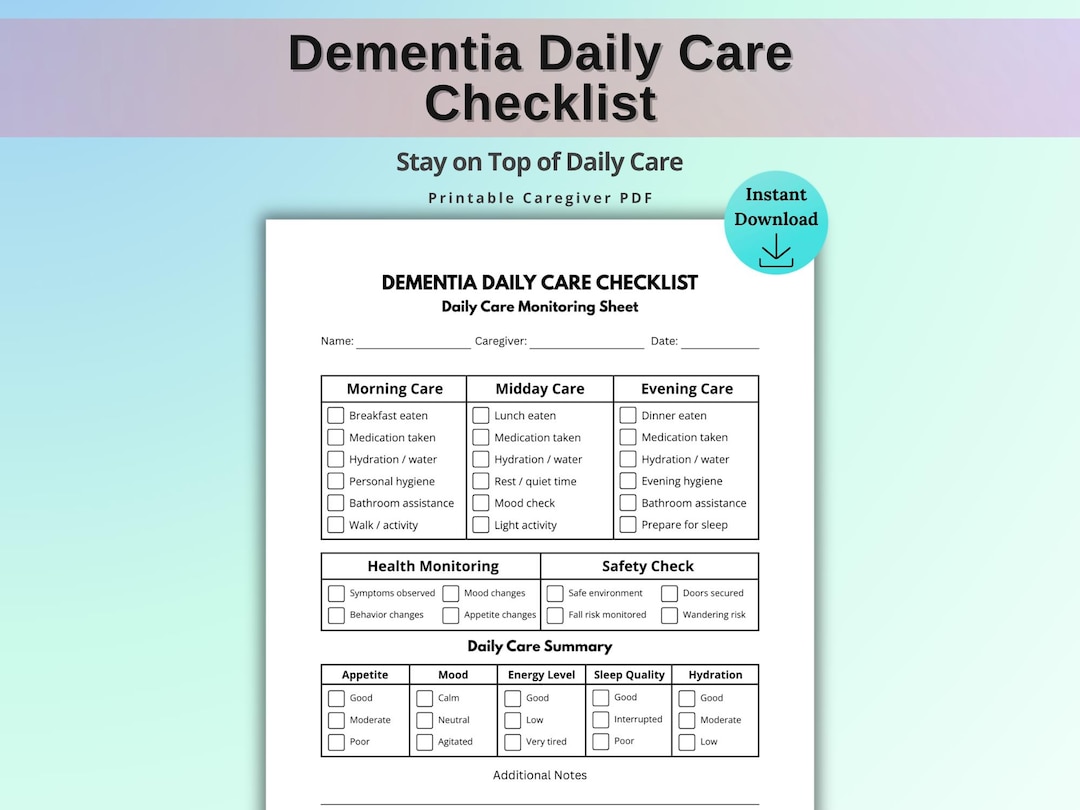 Dementia Daily Care Checklist, Caregiver Checklist Printable, Alzheimer ...