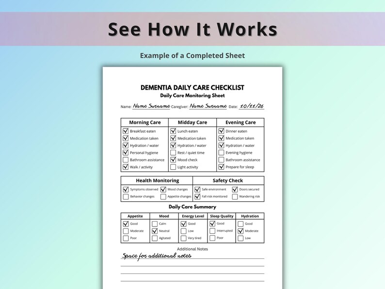 Dementia Daily Care Checklist, Caregiver Checklist Printable, Alzheimer ...
