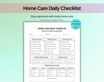 Home Care Daily Checklist Printable, Caregiver Daily Routine Sheet, Patient Care Log, Elderly Care Checklist, Daily Care Tracker PDF