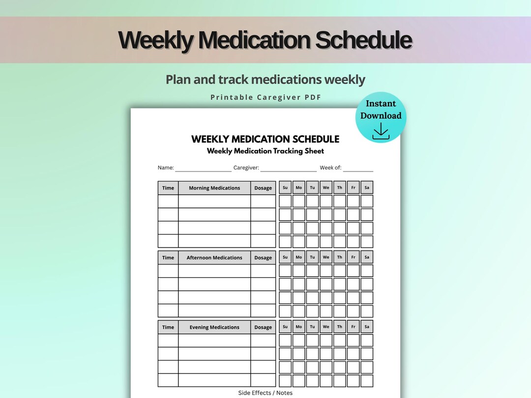 Weekly Medication Schedule Printable, Pill Tracker Chart, Medication